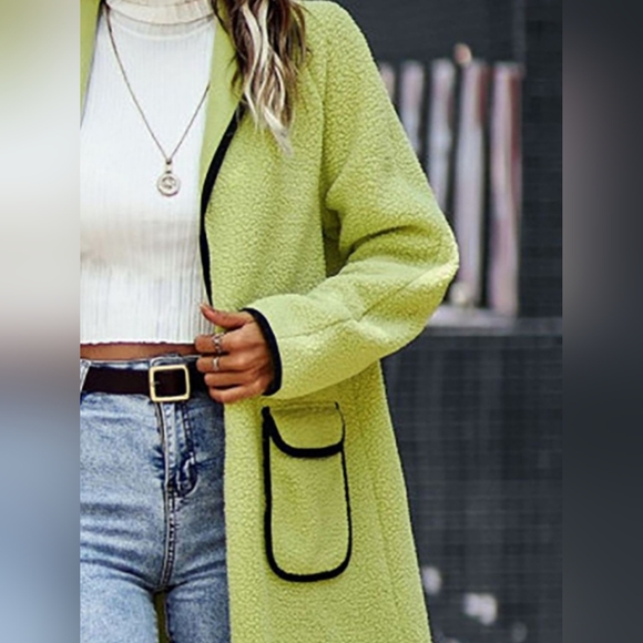 Full Size Contrast Trim Long Sleeve Coat with Pockets - Picture 2 of 5